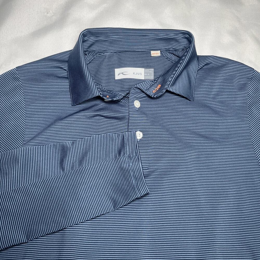KJUS Soren Mens Striped Polo Long Sleeve Shirt Size S Blue UPF 50+ Golf w/ Logo
